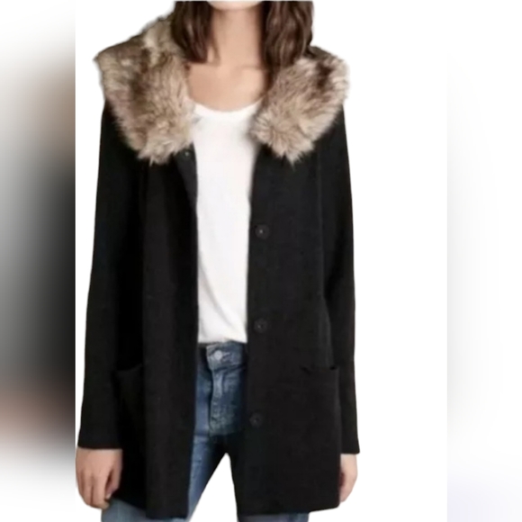 MOTH for Anthropologie heathered slate Wool sweater jacket cardigan fur collar - Picture 3 of 12